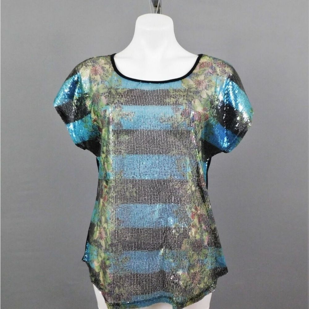 Cato Multicolor Sequin Blouse Large Striped Blue Green Shimmer Party Top Disco